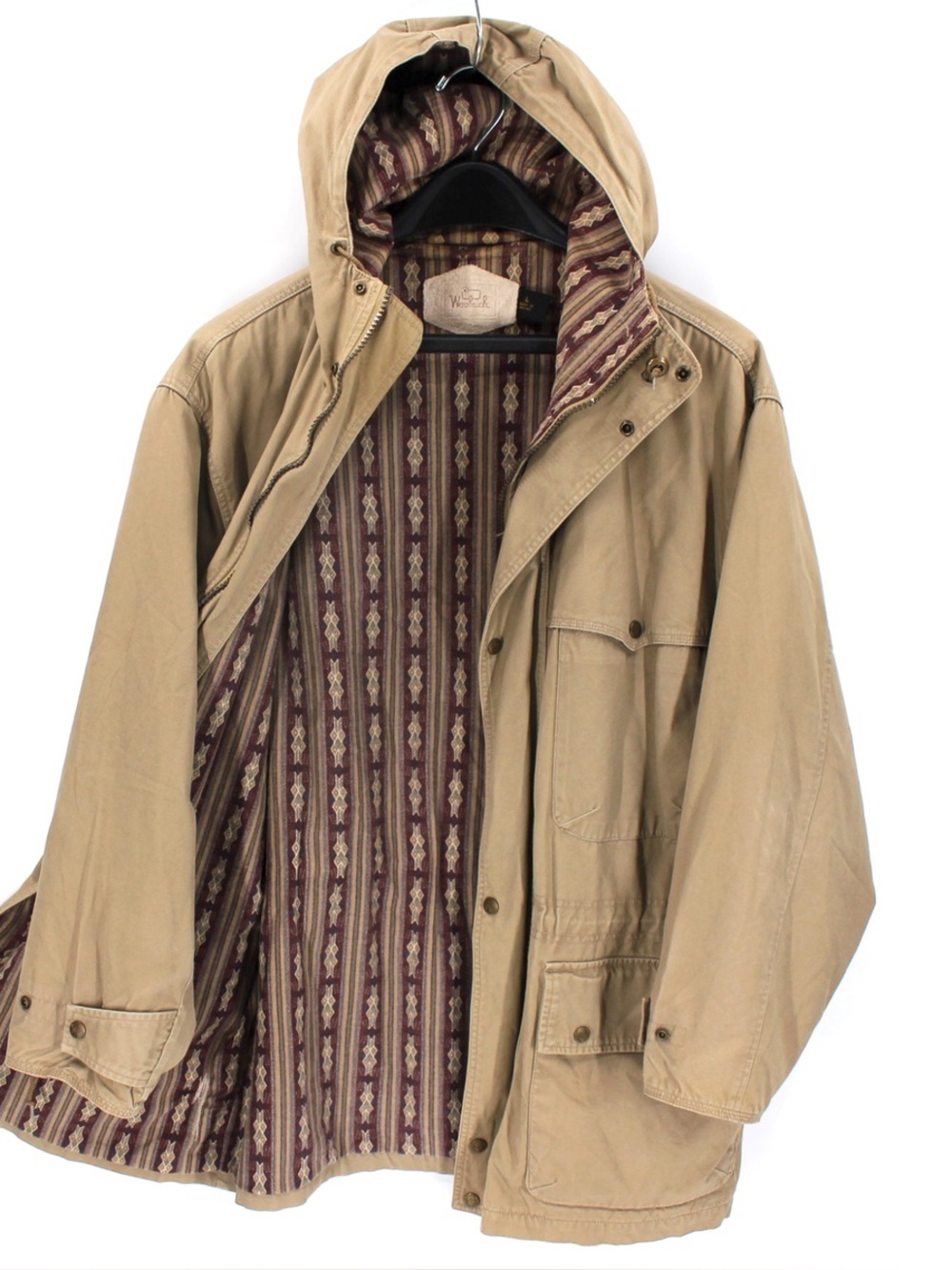 Woolrich Tan Hooded Zip Southwestern Aztec Lined Chore Utility Coat Jacket